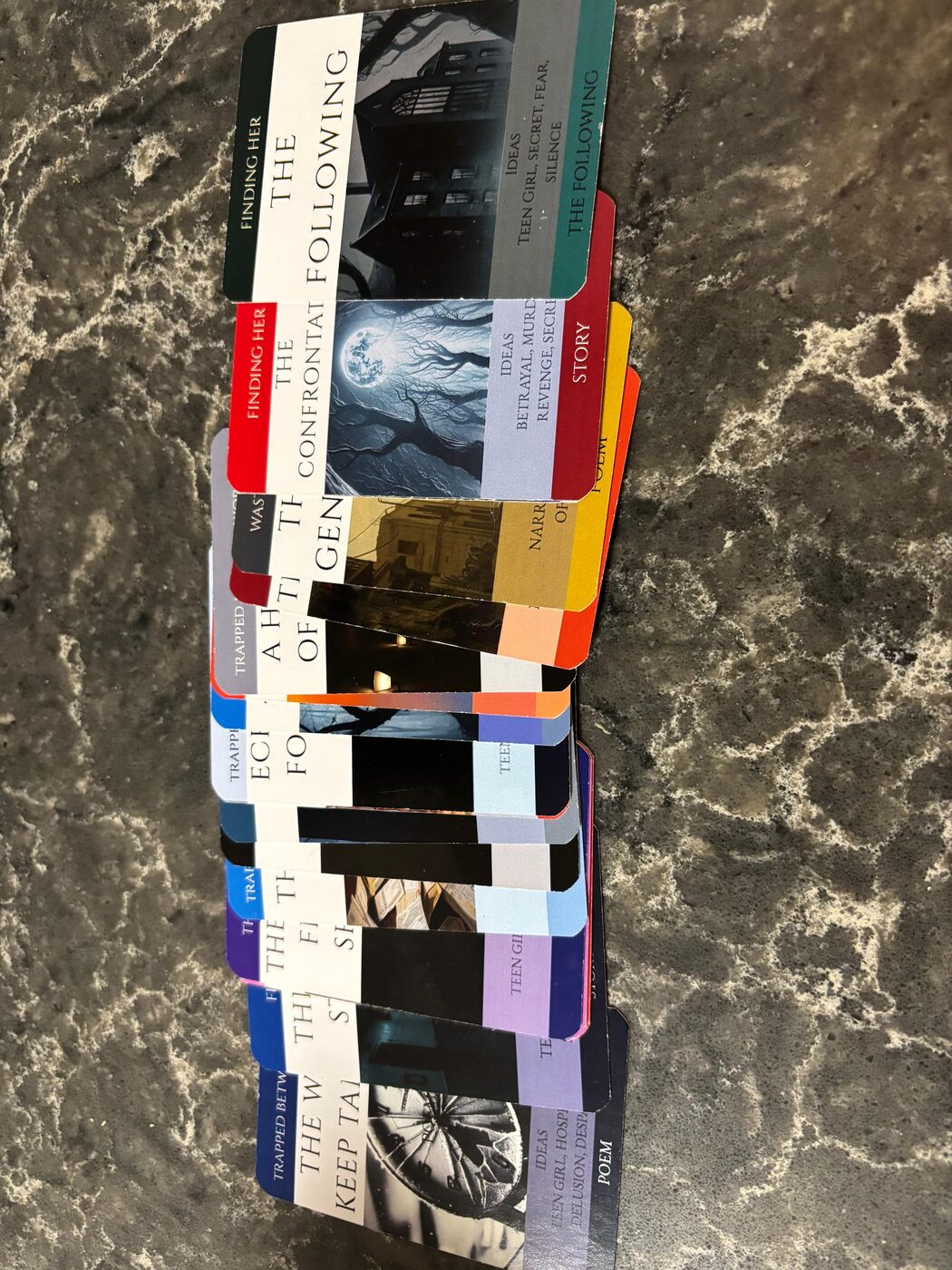 Writing Forever Darkness story cards fanned out